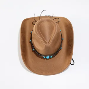 Brown faux suede western cowboy hat detail, stylish rolled brim and turquoise stone band.