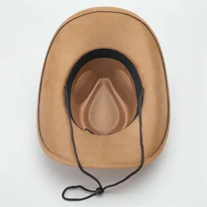 Classic brown suede fedora cowboy hat with adjustable chin strap, fine detail views.