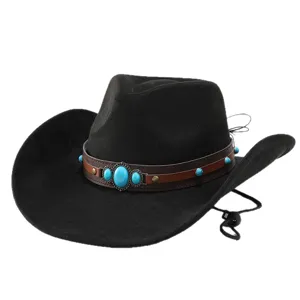 Black suede western cowboy hat with retro turquoise leather band and adjustable cord.
