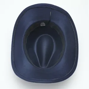 Interior detail view of the navy blue felt fedora hat showing size tag and soft sweatband.