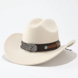 Western felt cowboy hat with leather band and metal bull skull buckle for outdoor fashion style.