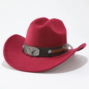 Detail view of the red wool western cowboy hat with metal bull buckle and leather band.