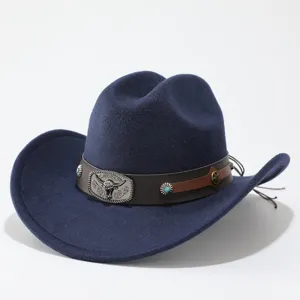 Detailed view of dark blue felt cowboy hat featuring leather band and metal skull buckle.