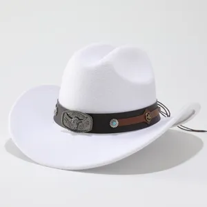 Classic white wool felt western cowboy hat with brown leather band and vintage metal bull buckle.