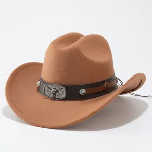 Detailed view of the brown felt western cowboy hat featuring a leather band and metal bull buckle.