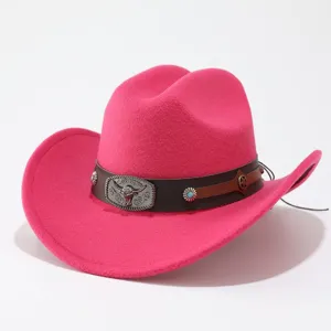 Pink felt western cowboy hat with brown leather band and metal bull skull buckle detail.