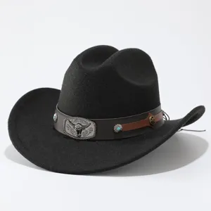 Detailed close-up of the black wool felt cowboy hat featuring metal bull skull buckle detail.