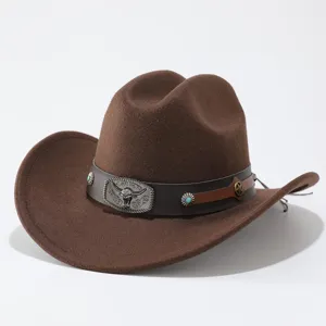 Brown western cowboy hat detail featuring bull skull metal buckle and stylish leather belt decor.