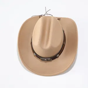 Detail view of khaki western felt cowboy hat with leather band and vintage metallic buckle.