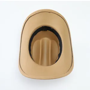 Detail view of camel western cowboy hat interior showing size 57 and polyester material.