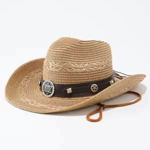Cappello da Cowboy Western in Paglia Vintage Per Uomo Donna Tesa Larga Protezione Solare Cappello Jazz Con Cintura in Pelle
