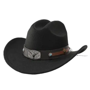 Black wool felt western cowboy hat with metal bull skull buckle and leather band for men women.