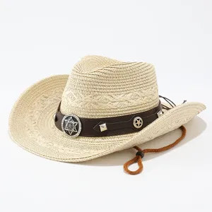 Cappello da cowboy in paglia intrecciata con cintura in pelle marrone e stemma, protezione.