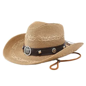 Cappello da cowboy in paglia occidentale per uomo e donna, cappello da sole tesa larga.