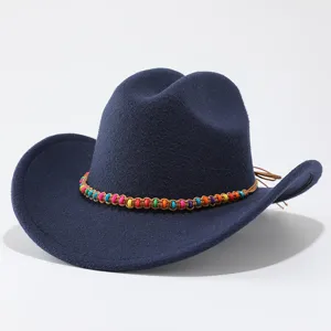 Detail view of the navy blue felt western cowboy hat with colorful beaded braided hatband.
