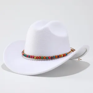 White felt cowboy hat with colorful beaded braided band stylish western jazz hat for men women