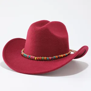 Woolen western cowboy hat detail, stylish red felt hat with colorful beaded band for women