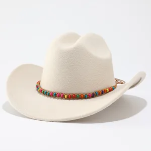 Close-up detail of the colorful beaded band and felt texture on the stylish western hat.