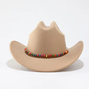 Beige felt cowboy hat with colorful beaded band, western rolled brim jazz hat for men and women.