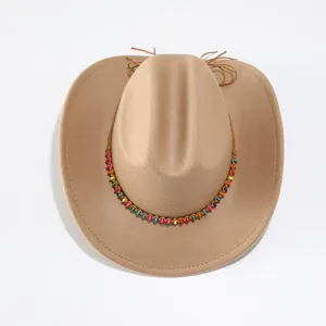 Close-up detail of a stylish khaki felt western cowboy hat with a colorful beaded braided band.