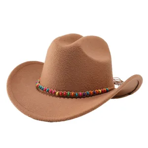 Western cowboy hat with colorful beaded band wool felt jazz hat for men and women retro style