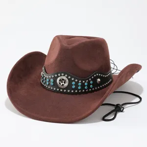 Close-up detail of the brown western cowboy hat featuring rhinestone band and chin strap.