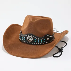 Men's western cowboy hat wide brim leather sun hat with blue rhinestones and star detail.