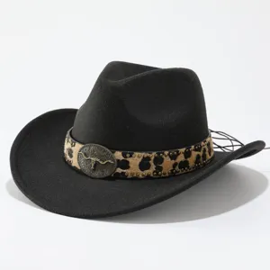 Closeup view of black wool western cowboy hat featuring leopard band and bull skull buckle.