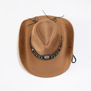 Brown western cowboy hat with studded black band and chin cord for outdoor sun protection.