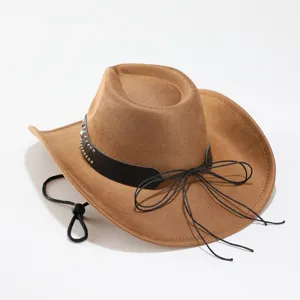 Men's brown wide brim cowboy hat with black band and chin cord, perfect for outdoor sun protection.