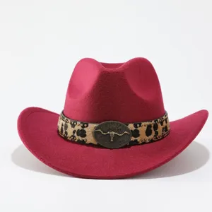 Red wool felt western cowboy hat with leopard print band and metal bull skull buckle detail