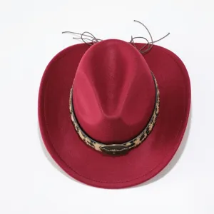Red wool fedora cowboy hat detail, stylish leopard print band with metal bull buckle.
