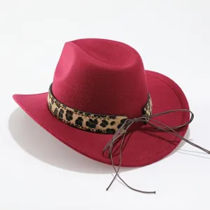 Red woolen cowboy fedora hat featuring a chic leopard print band and stylish thin leather string ties.