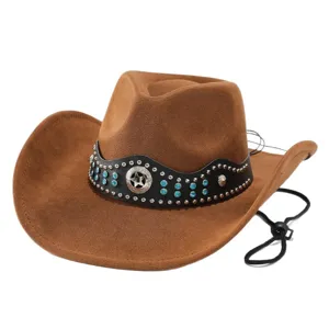 Men's brown western cowboy hat with wide brim, leather band, blue rhinestones, and adjustable chin strap.