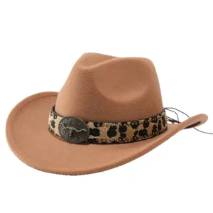 Western cowboy hat for men women wool felt fedora jazz hat with leopard print band and bull buckle