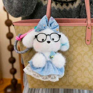 Cute plush dog keychain with glasses and blue dress, lovely bag pendant for women and girls.