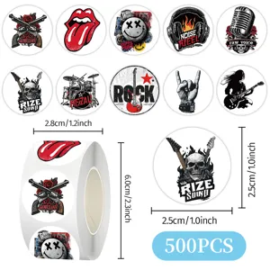 500Pcs Rock Musique Autocollants Ronds Rouleau Style Punk Sombre Guitare Crâne Décalcomanies