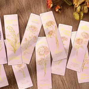 Pink floral bookmarks set with gold foil design, aesthetic paper reading cards for book lovers.
