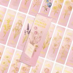 Detail view of 24pcs pink floral bookmark set with exquisite gold foil botanical illustrations.