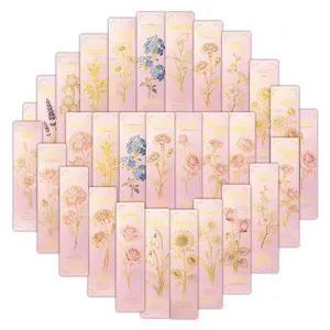 Set of 24 floral paper bookmarks in pink, featuring elegant gold foil flower designs for reading.