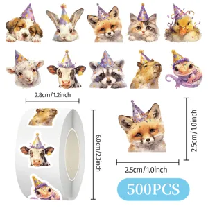 Ρολό 500 αυτοκόλλητα ζώων γενεθλίων χαριτωμένα σχέδια ετικέτες για δώρα παιδιών.