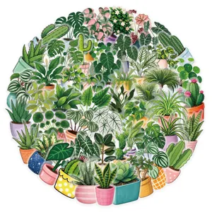 Green plant PET waterproof sticker, healing style potted plants decorative decal for tablet.