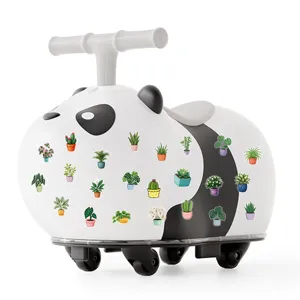 Green plant potted stickers detail view showing waterproof transparent PET designs on panda toy.