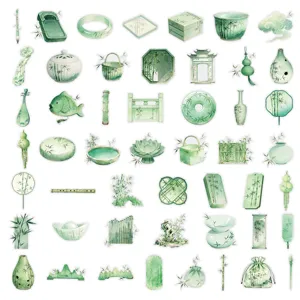 Light green Chinese style PTE transparent stickers, bamboo theme journaling stickers set.