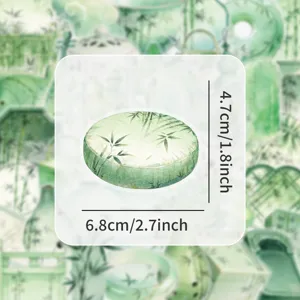 Detail shot of green Chinese style bamboo PET transparent sticker showing precise dimensions.