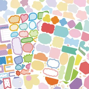 Korean style irregular border memo stickers detail view, cute pastel diary decoration sticker sheets.