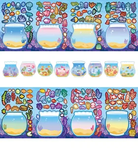 Detailed view of DIY fish bowl sticker sets with colorful sea animals and plants for kids craft.