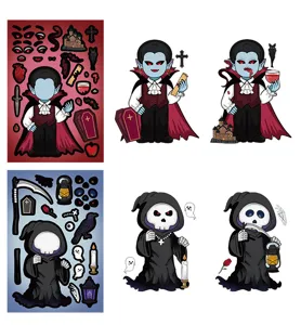 Detalle de pegatina de cara DIY de Halloween, vampiro y parca lindo para manualidades.