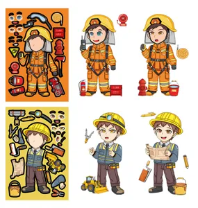 Cartoon professional face-changing puzzle DIY sticker set, firefighter and builder themes.