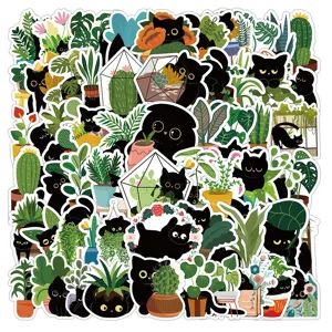 Wasserdichte Cartoon Schwarze Katze Und Grüne Pflanzen Aufkleber Süße Vinyl Abziehbilder Für Handy Laptop Wasserflasche Dekoration